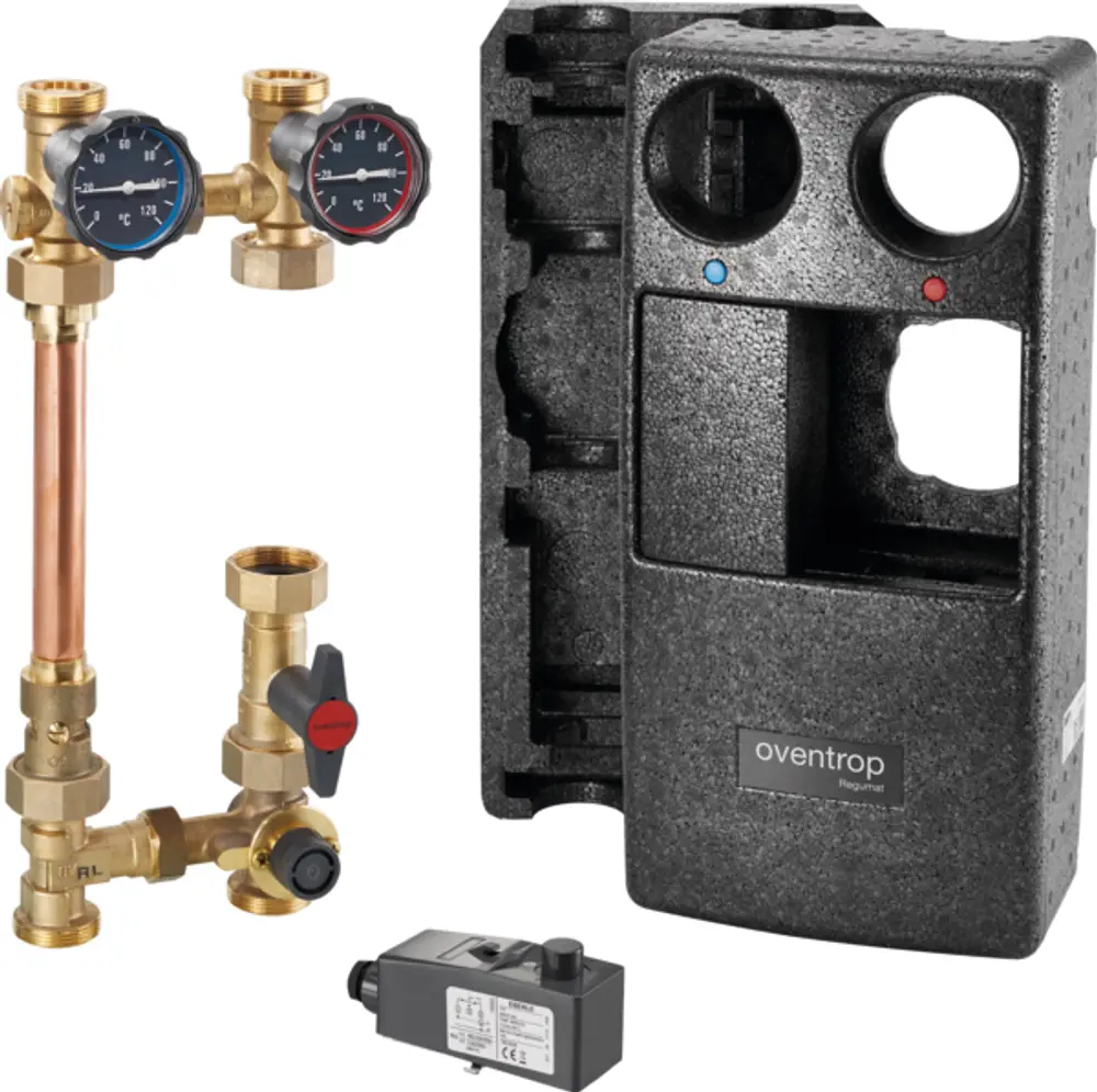 Oventrop Regelstation mit zwei Manometern und Ventil, zur Regelung von Temperatur und Druck in Heizungsanlagen, in schwarzem Kunststoffgehäuse. Keine Pumpe oder Temperaturregler vorhanden.